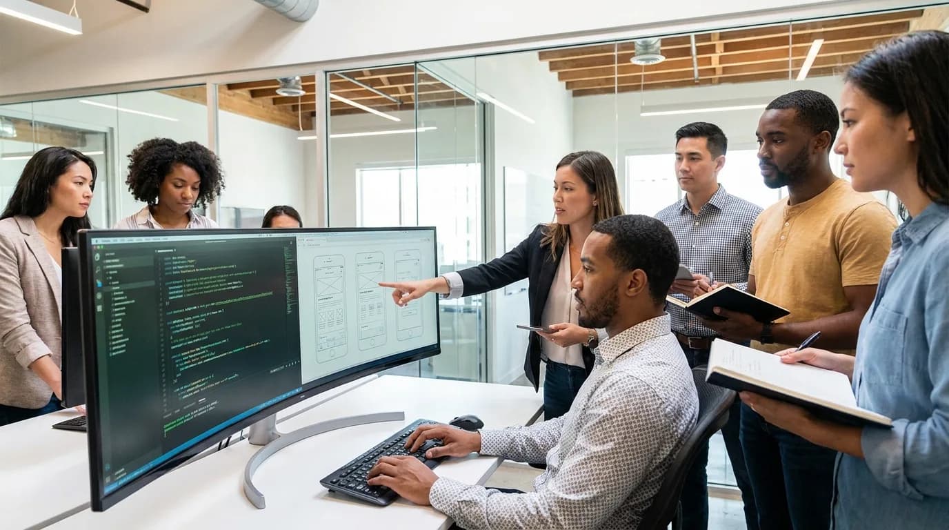 Tim engineer dan desainer berkolaborasi di depan monitor pengembangan aplikasi.
