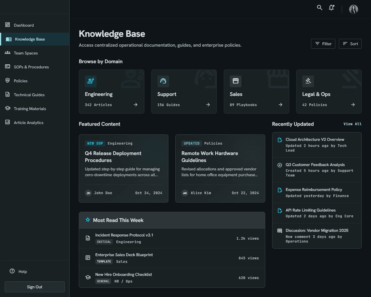 Tampilan Knowledge Base OpsCenter dengan kategori Engineering, Support, Sales, dan Legal.