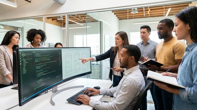 Tim engineer dan desainer berkolaborasi di depan monitor pengembangan aplikasi.