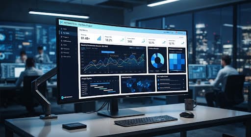 Monitor kantor menampilkan dashboard analitik ERP FinServe dengan grafik real-time.