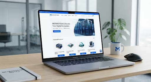 Laptop menampilkan platform e-commerce Nusantara Retail dengan katalog produk METANOTECH.