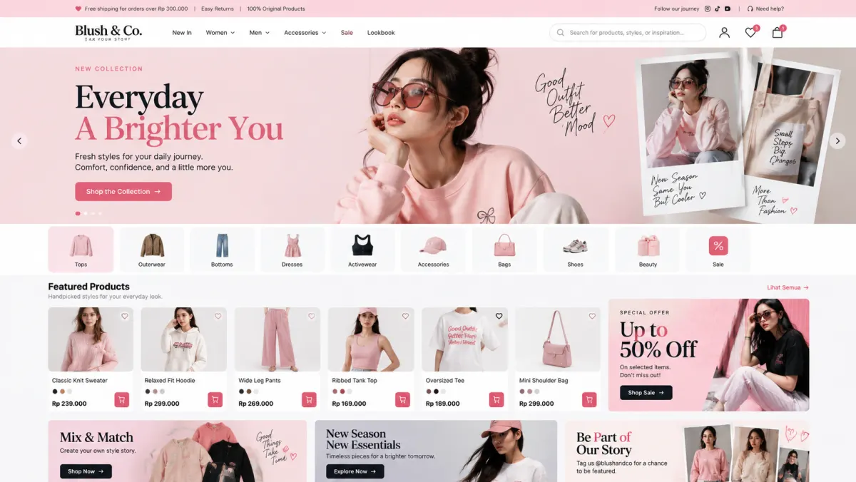 Konsep website Blush & Co.: Koleksi busana kasual wanita, kategori pakaian, produk unggulan dan lookbook.