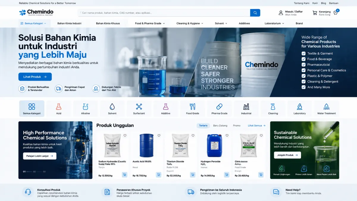 Konsep website Chemindo: Katalog bahan kimia industri, kategori aplikasi dan permintaan penawaran.