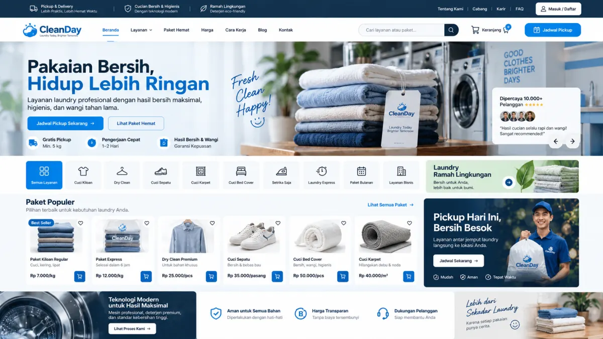 Konsep website CleanDay: Paket laundry, layanan satuan dan penjadwalan pickup serta delivery.