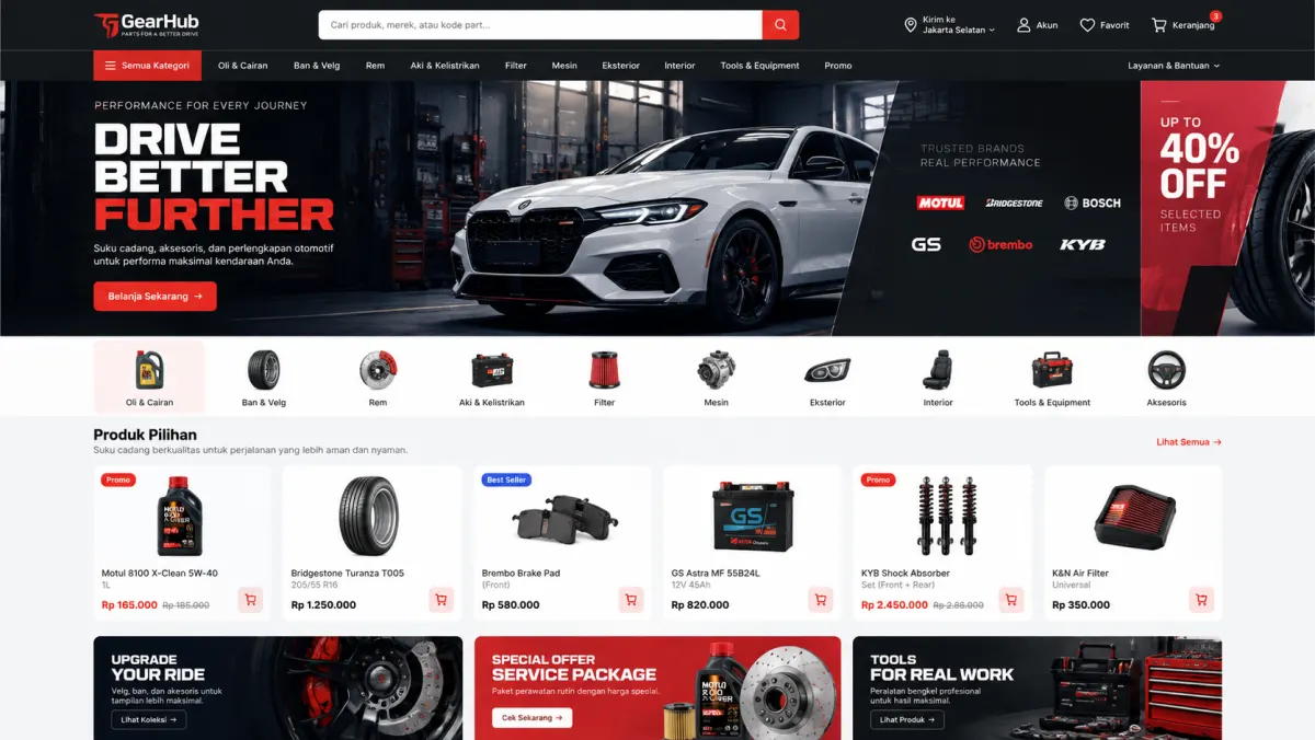 Konsep website GearHub: Toko suku cadang, kategori kendaraan, katalog produk dan promosi servis.