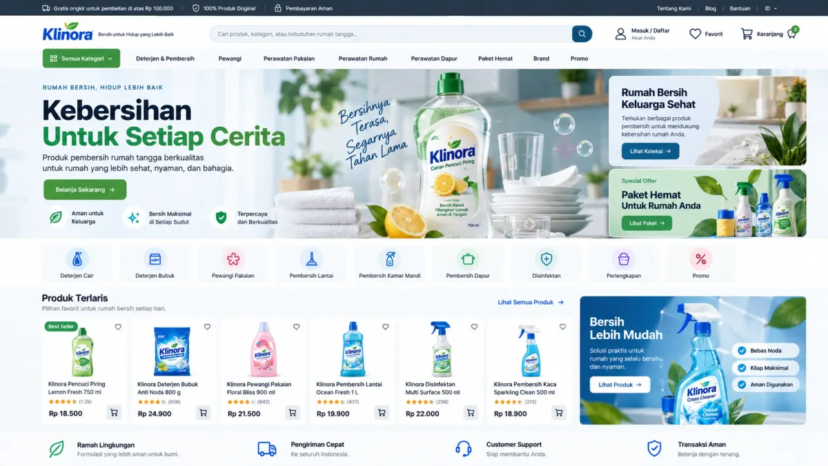 Konsep website Klinora: Katalog deterjen, sabun dan pembersih rumah dengan paket produk.