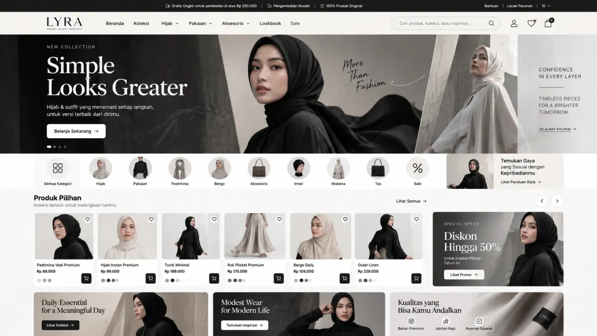 Konsep website LYRA: Koleksi hijab dan busana modest, produk pilihan dan promosi fashion.