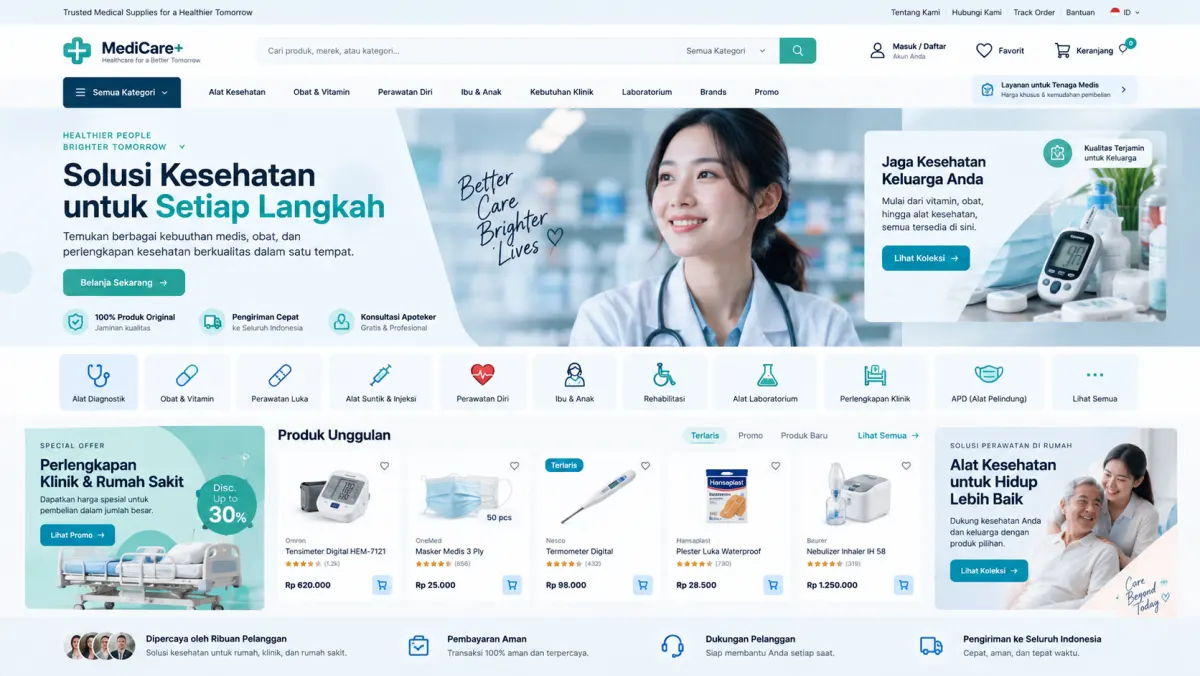 Konsep website MediCare+: Katalog alat medis, kebutuhan klinik dan rumah sakit, serta produk perawatan.