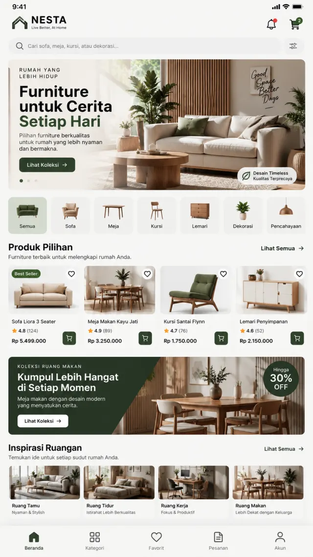 Konsep aplikasi NESTA: Beranda toko furniture mobile dengan pencarian, kategori produk, favorit, keranjang, promosi, dan inspirasi ruangan.