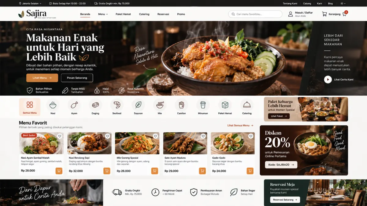 Konsep website Sajira menampilkan menu kuliner, pemesanan, dan layanan katering