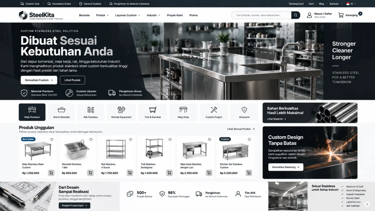 Konsep website Steelkita untuk layanan stainless custom