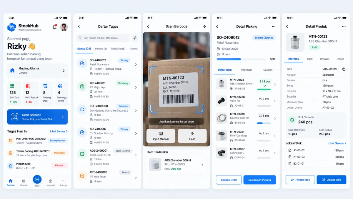 Konsep sistem StockHub: Dashboard gudang, tugas receiving dan picking, pemindaian barcode, detail picking, serta stok per lokasi.