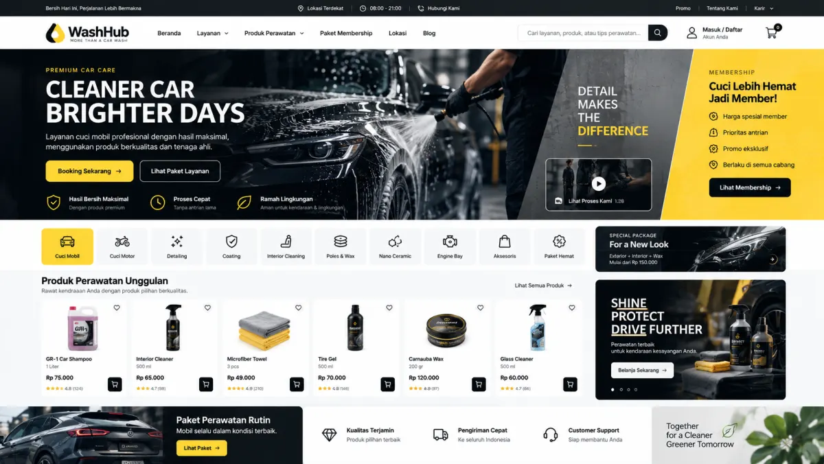 Konsep website WashHub: Pemesanan cuci mobil, membership, detailing dan katalog produk perawatan.