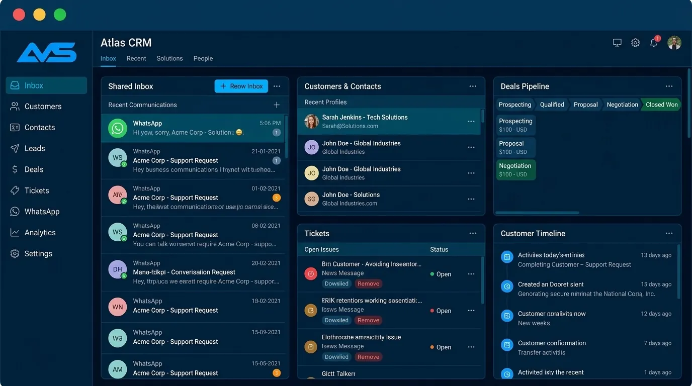 Demo desain sistem Atlas CRM: Workspace CRM dengan inbox bersama, kontak, pipeline penjualan, tiket, dan riwayat pelanggan.