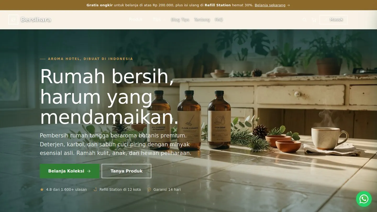Demo desain website Bersihara: Katalog pembersih rumah dengan visual botani, navigasi koleksi, dan jalur konsultasi produk.