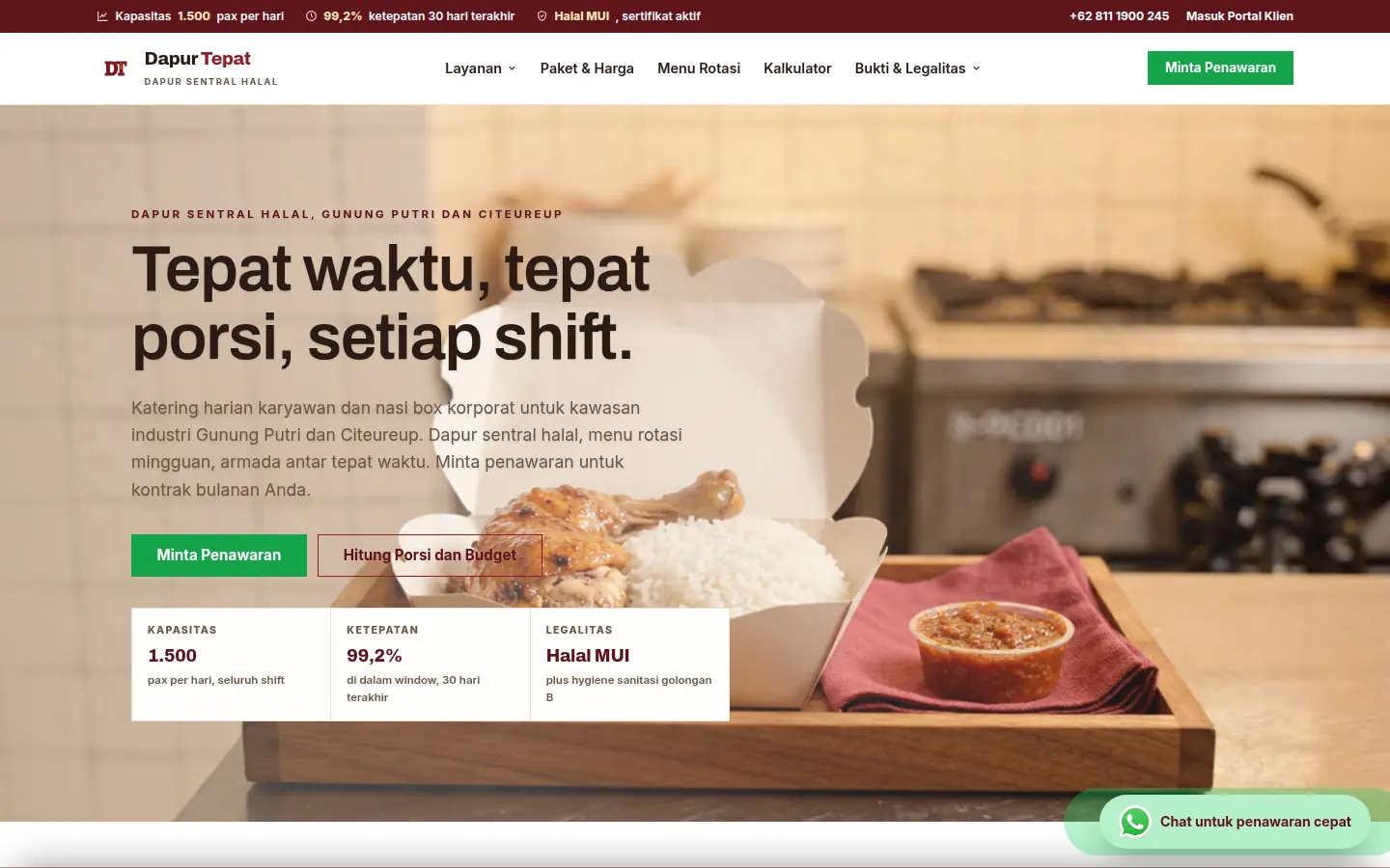 Demo desain website Dapur Tepat: Website katering dengan pilihan layanan, menu rotasi, permintaan penawaran, dan kalkulasi porsi.