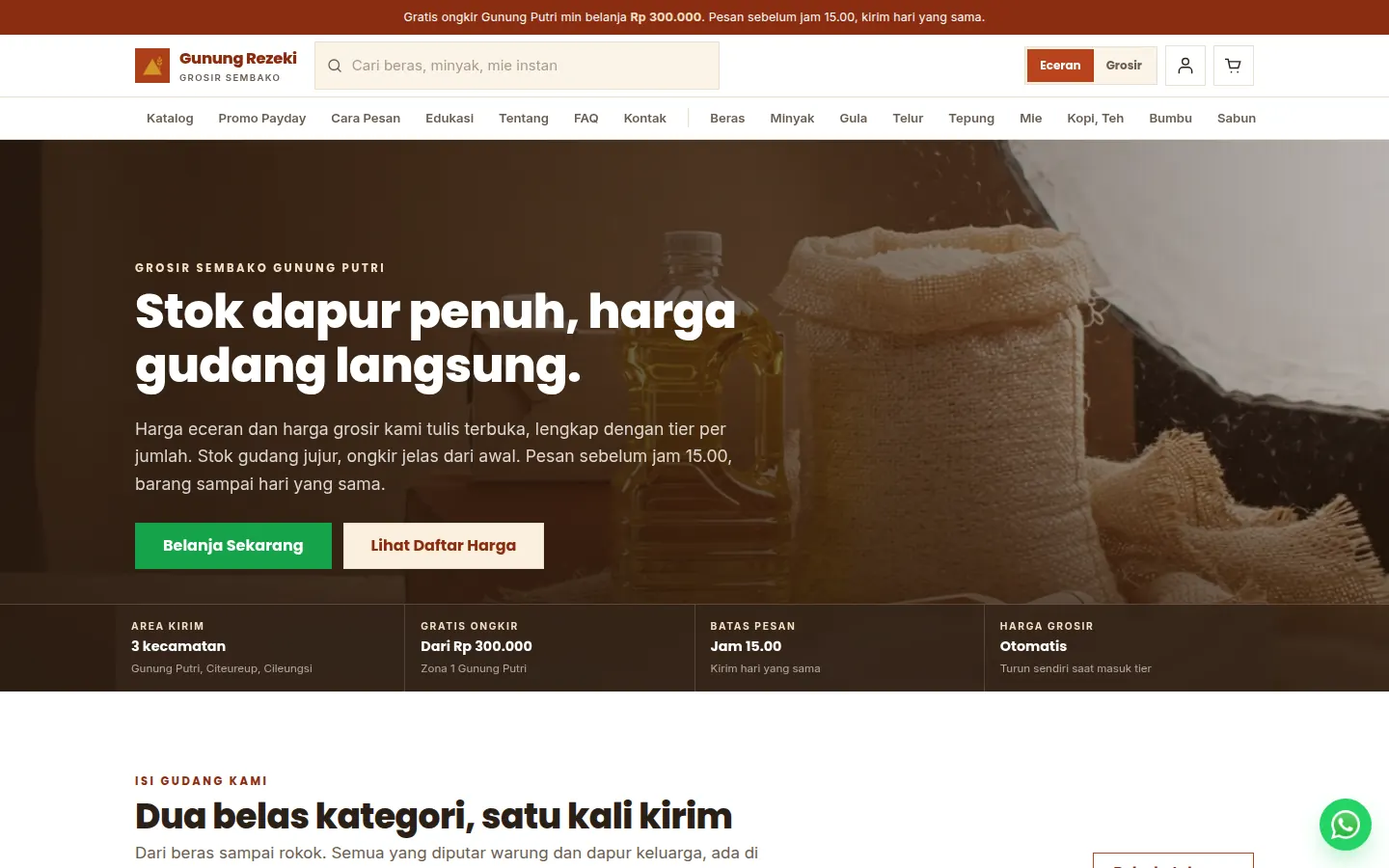 Demo desain website Gunung Rezeki: Etalase sembako dengan pencarian produk, pilihan eceran atau grosir, kategori, dan daftar harga.
