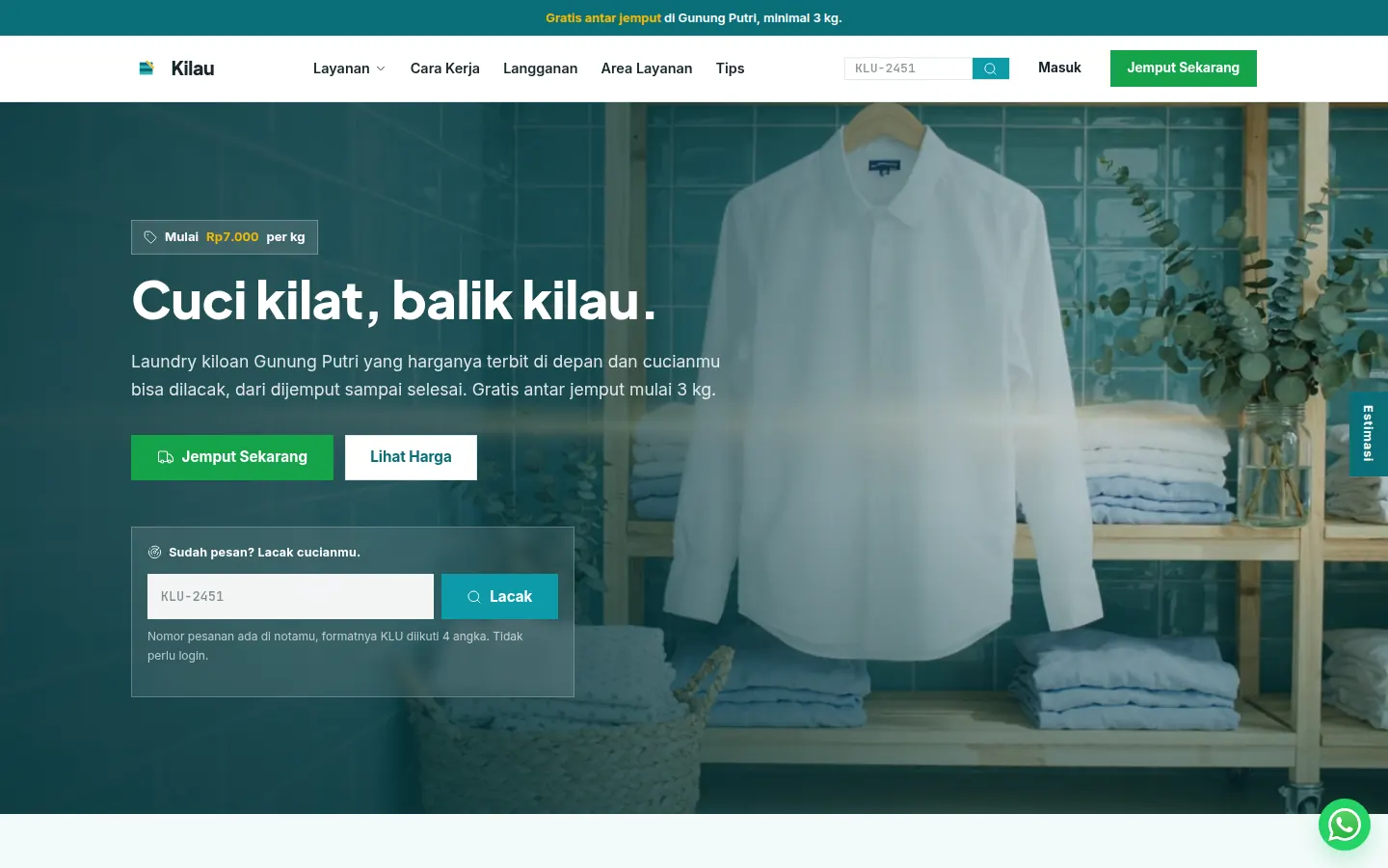 Demo desain website Kilau: Website laundry dengan penjadwalan jemput, pilihan layanan, area layanan, dan formulir pelacakan pesanan.