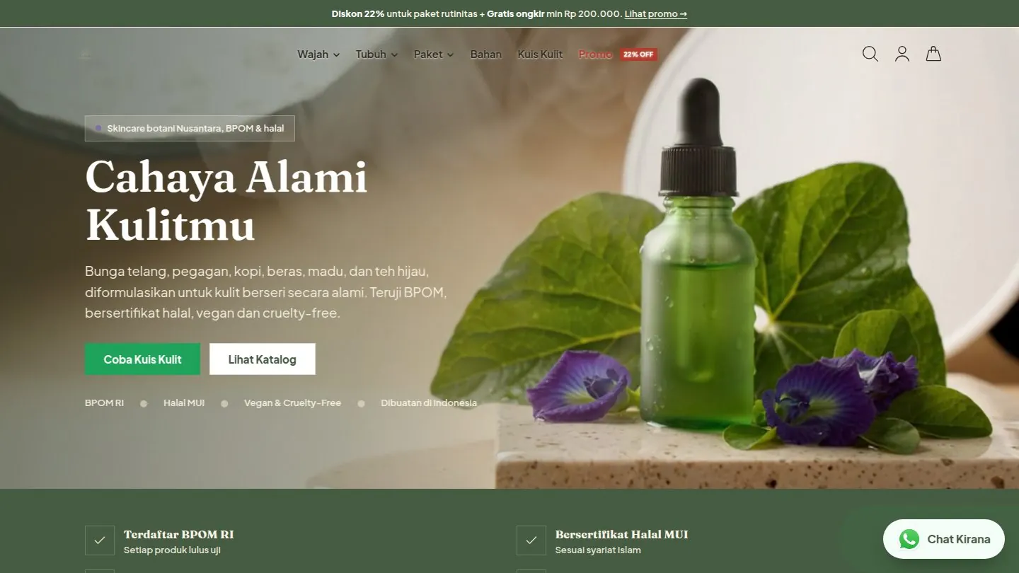 Demo desain website Kirana: Etalase skincare dengan kategori perawatan, katalog, paket rutinitas, dan pintu masuk kuis kulit.