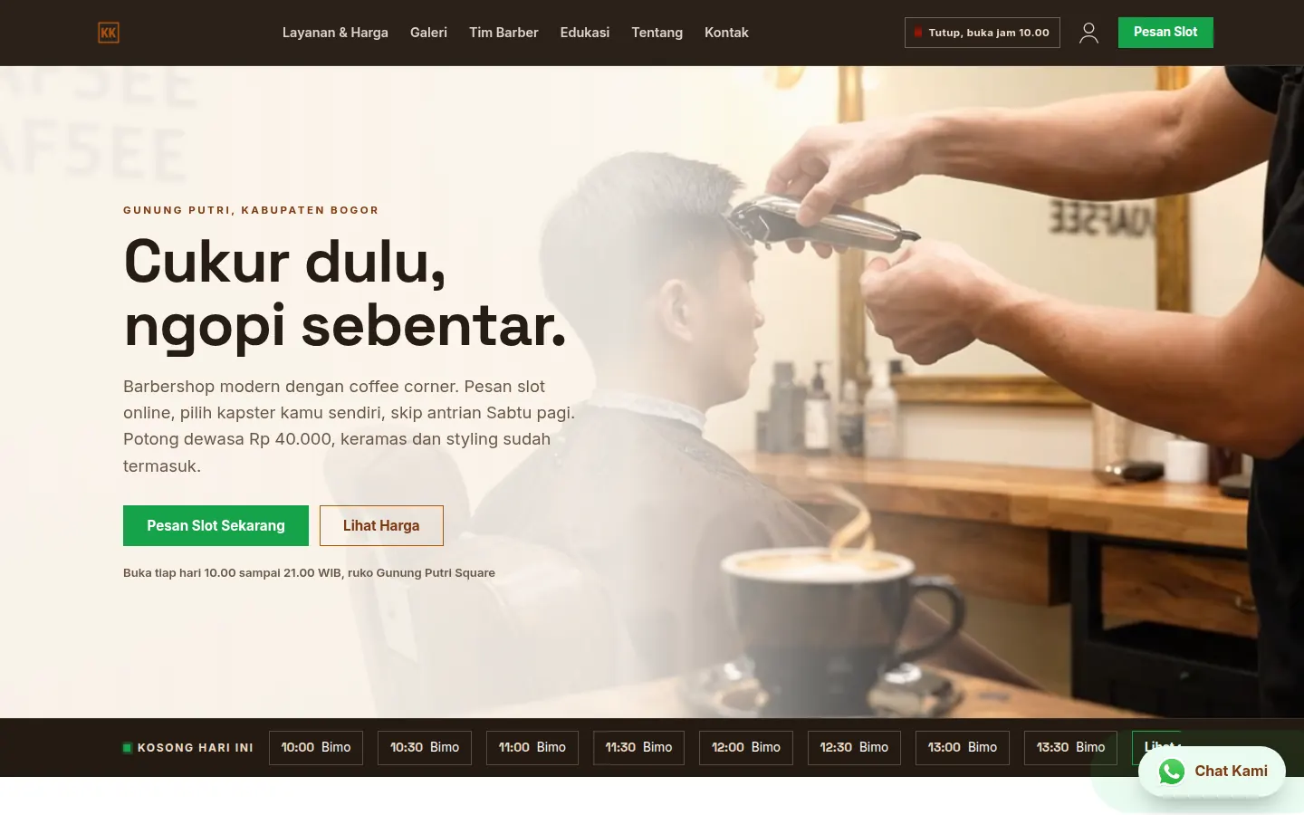Demo desain website Klip & Kopi: Website barbershop dengan pilihan slot, layanan dan harga, tim barber, serta informasi coffee corner.