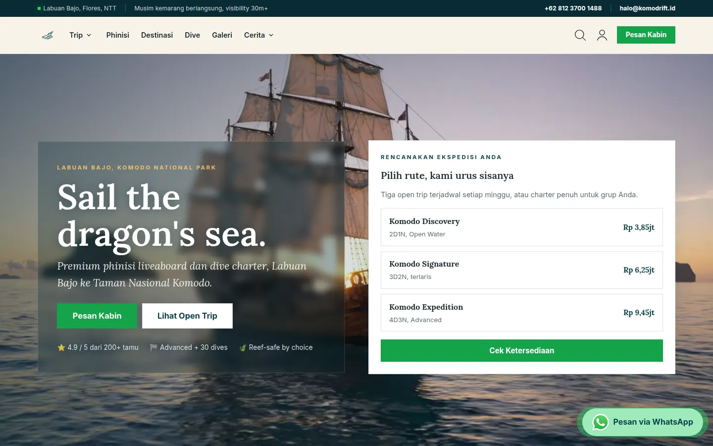 Demo desain website Komodrift: Website perjalanan laut dengan pilihan paket, informasi destinasi, pemesanan kabin, dan cek ketersediaan.