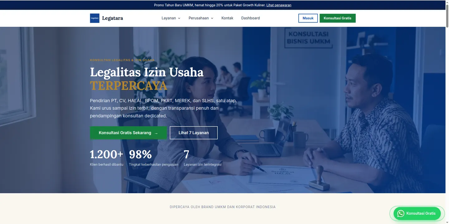 Demo desain website Legatara: Website jasa legalitas usaha dengan navigasi layanan, konsultasi, kontak, dan pintu masuk dashboard.