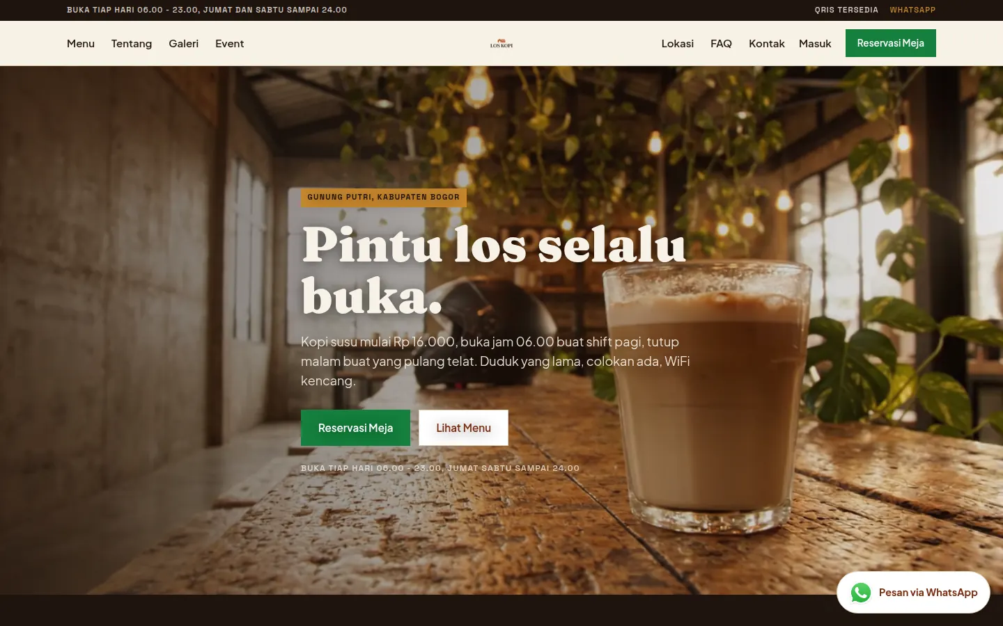 Demo desain website Los Kopi: Website kedai kopi dengan menu, reservasi meja, lokasi, galeri, dan informasi jam buka.
