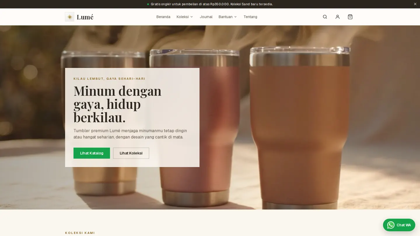 Demo desain website Lumé: Etalase tumbler dengan foto produk besar, navigasi koleksi, katalog, jurnal, dan keranjang.