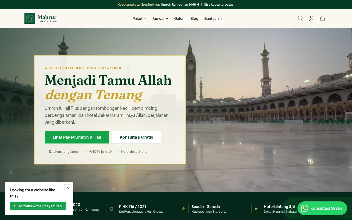 Demo desain website Mabrur: Website perjalanan umrah dan haji dengan paket, jadwal, galeri, dan jalur konsultasi keberangkatan.
