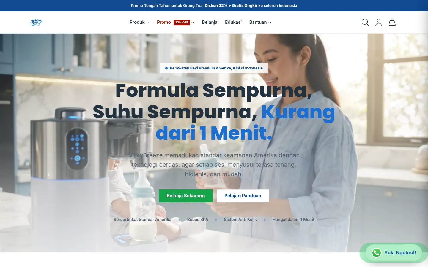 Demo desain website MilkyBreeze: Website produk perlengkapan bayi dengan penjelasan produk, panduan, kategori belanja, dan bantuan.