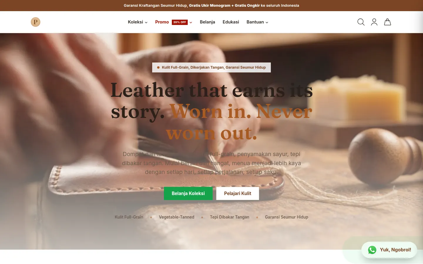 Demo desain website Patina: Etalase kerajinan kulit dengan cerita material, koleksi, edukasi perawatan, dan bantuan belanja.
