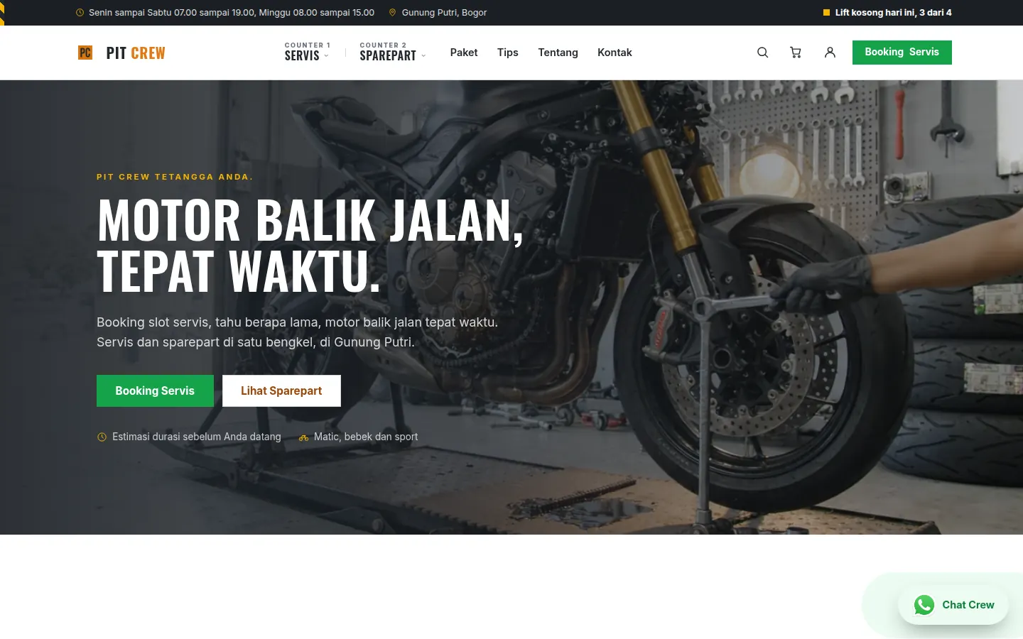 Demo desain website Pit Crew: Website bengkel motor dengan booking servis, katalog sparepart, pilihan paket, dan informasi slot.