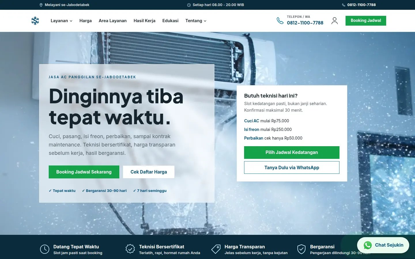 Demo desain website Sejukin: Website layanan AC dengan pilihan pekerjaan, area layanan, daftar harga, dan booking jadwal teknisi.