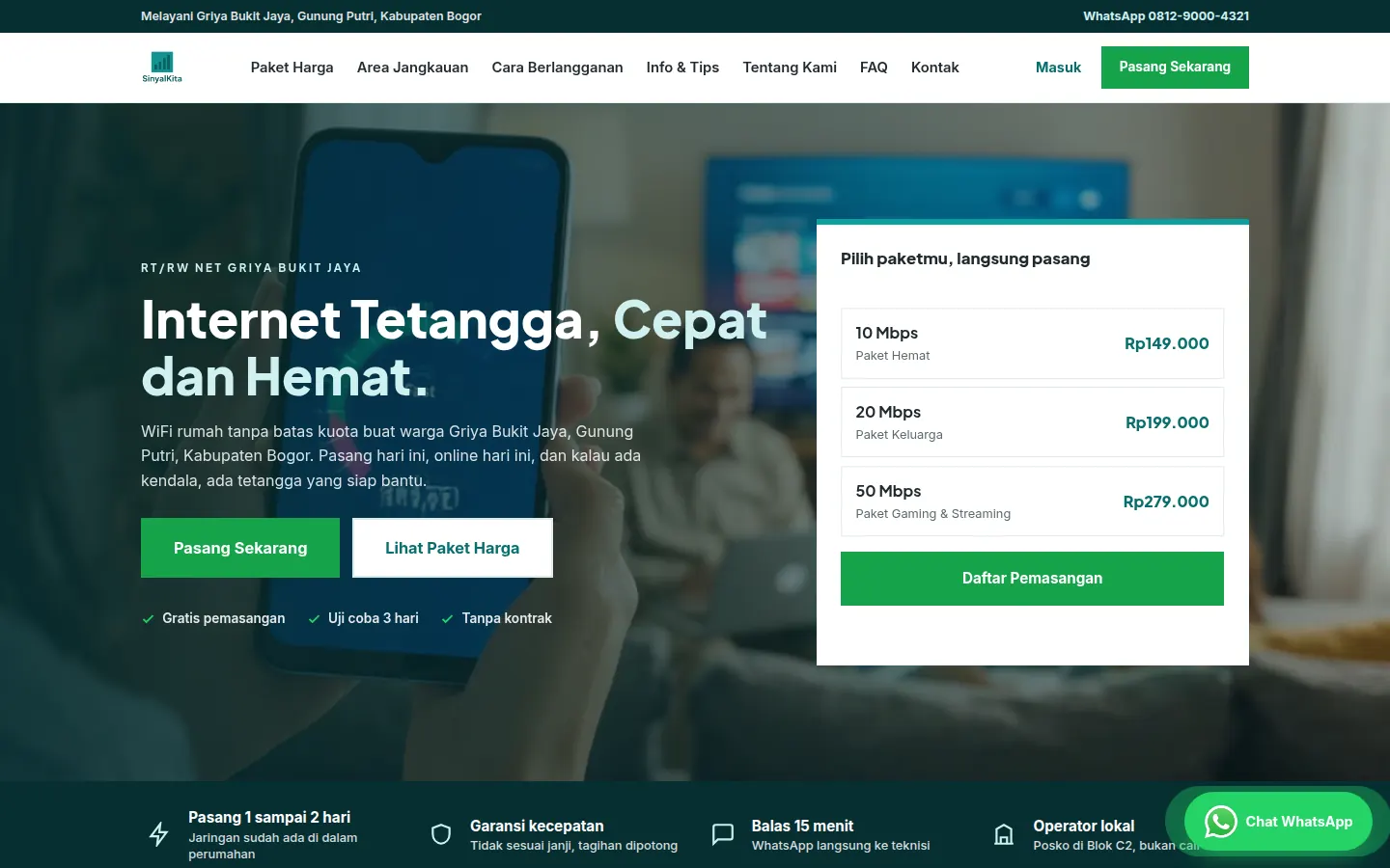 Demo desain website SinyalKita: Website layanan internet dengan perbandingan paket, area jangkauan, panduan berlangganan, dan pendaftaran pemasangan.