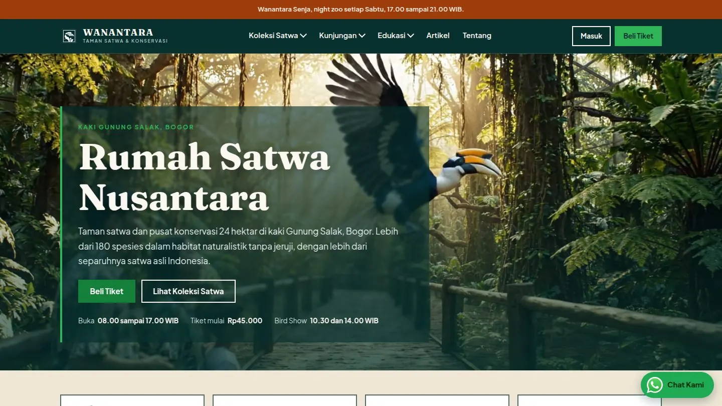 Demo desain website Wanantara: Website taman satwa dengan koleksi satwa, informasi kunjungan, edukasi, artikel, dan pembelian tiket.