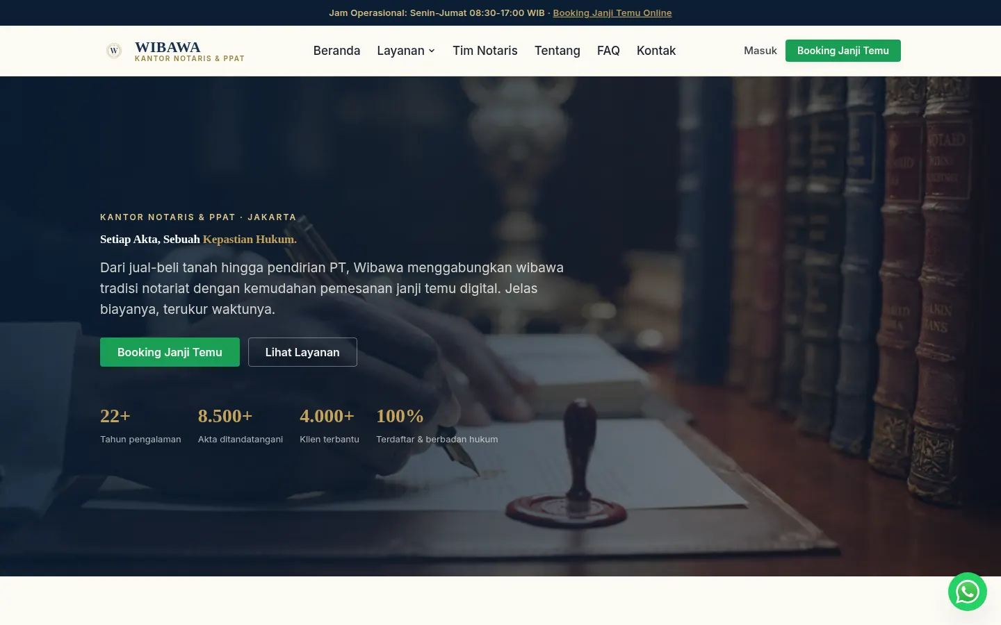 Demo desain website Wibawa: Website kantor notaris dengan layanan, profil tim, FAQ, kontak, dan booking janji temu.