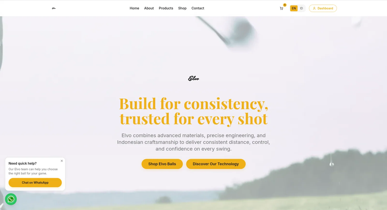 Homepage Elvo Golf untuk produk bola golf berperforma konsisten