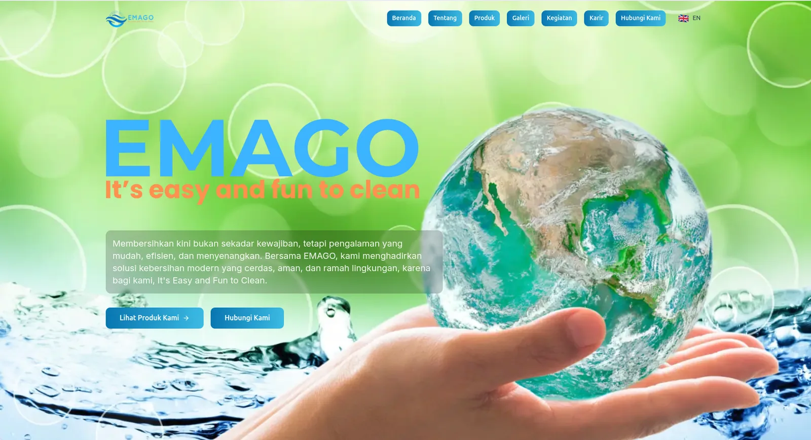 Homepage EMAGO Indonesia dengan produk kebersihan ramah lingkungan